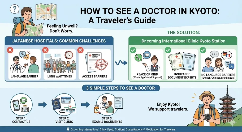 Infographic for travelers in Kyoto: common challenges at Japanese hospitals — language barrier, long waits, access barriers — and three simple steps to see a doctor at Dr.coming International Clinic Kyoto Station
